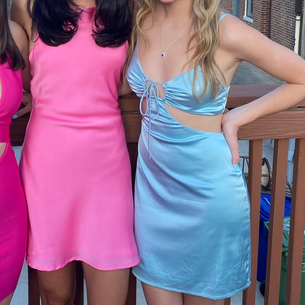 Hello Molly Satin Cutout Mini Dress in Light Blue